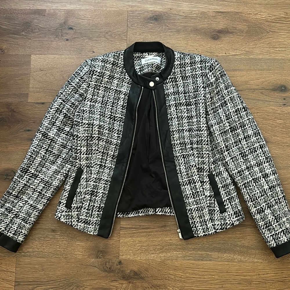 Beautiful Calvin Klein, tweed, and pleather blazer jacket